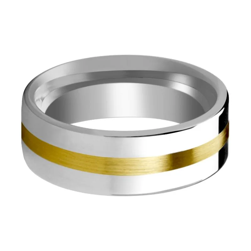 HARRISBURG | Silver Tungsten Ring, 14k Yellow Gold Stripe Inlay, Flat