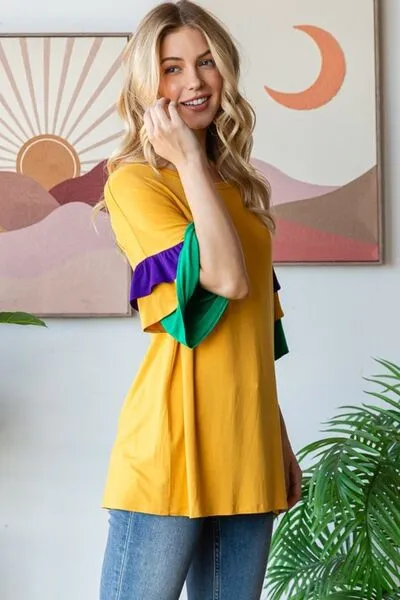 Hazel Blues® | Heimish Round Neck Color Block Ruffled Half Sleeve Top