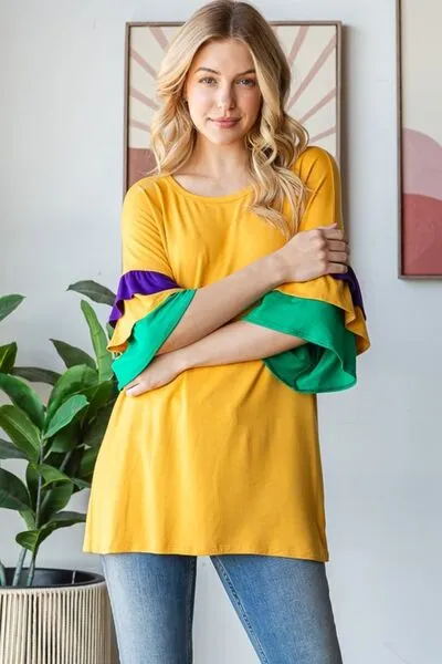 Hazel Blues® | Heimish Round Neck Color Block Ruffled Half Sleeve Top