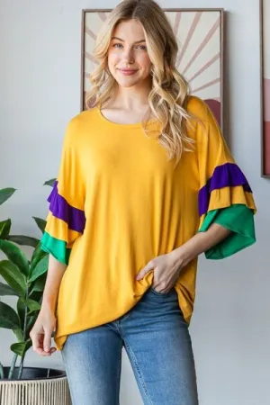 Hazel Blues® | Heimish Round Neck Color Block Ruffled Half Sleeve Top