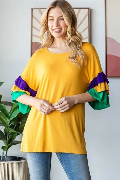 Hazel Blues® | Heimish Round Neck Color Block Ruffled Half Sleeve Top