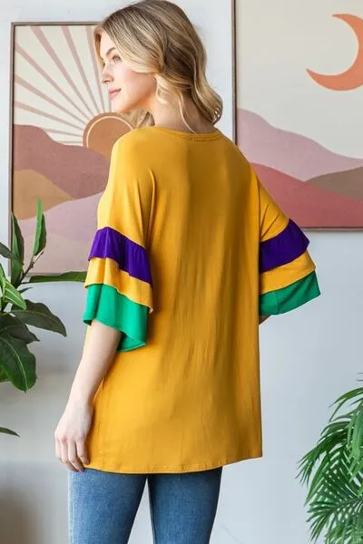 Hazel Blues® | Heimish Round Neck Color Block Ruffled Half Sleeve Top