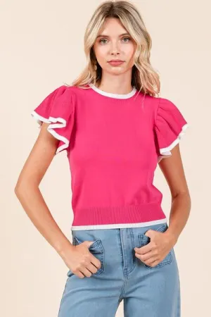 Hazel Blues® |  Mittoshop Contrast Trim Ruffled Cap Sleeve Knit Top