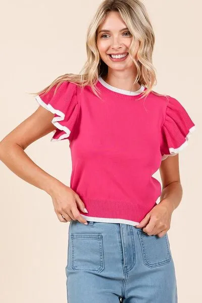 Hazel Blues® |  Mittoshop Contrast Trim Ruffled Cap Sleeve Knit Top