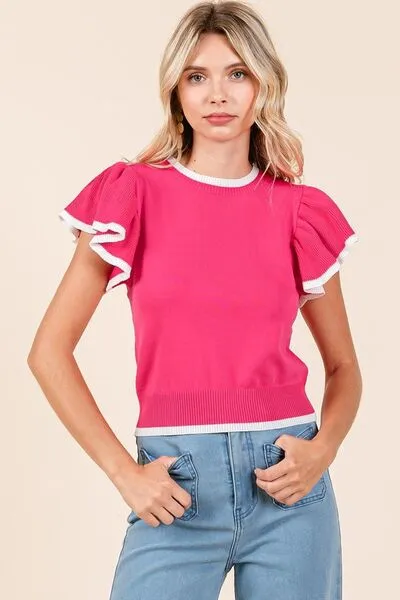 Hazel Blues® |  Mittoshop Contrast Trim Ruffled Cap Sleeve Knit Top