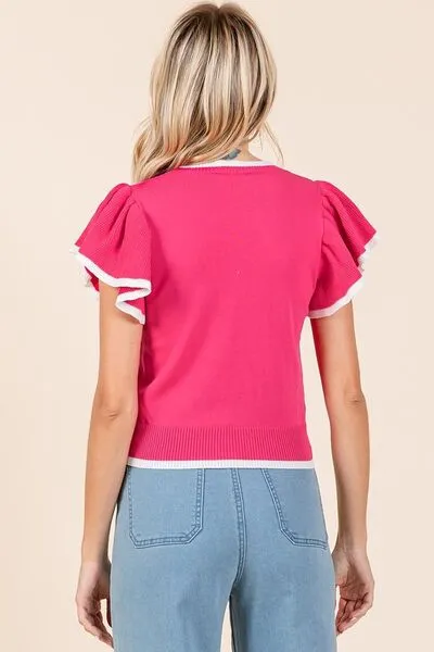 Hazel Blues® |  Mittoshop Contrast Trim Ruffled Cap Sleeve Knit Top