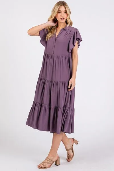 Hazel Blues® |  Mittoshop Ruffle Sleeve Collared V Neck Tiered Midi Dress