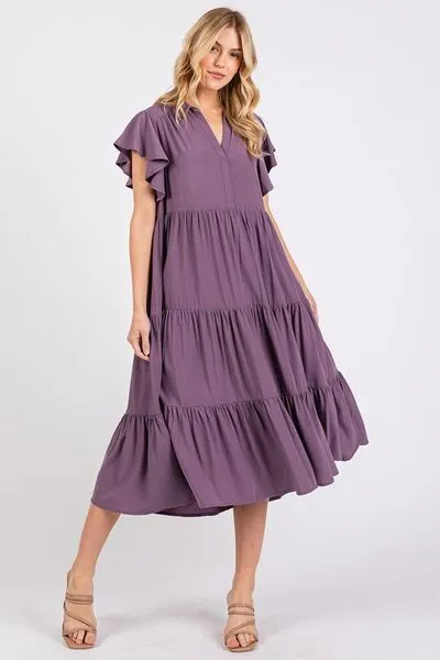 Hazel Blues® |  Mittoshop Ruffle Sleeve Collared V Neck Tiered Midi Dress
