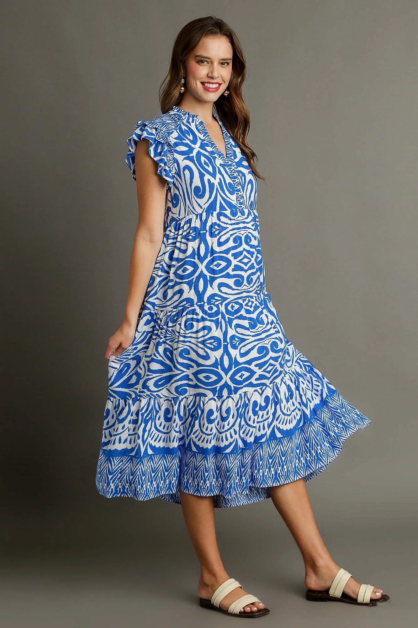 Hazel Blues® | Umgee Two Tone Border Print Ruffle Cap Sleeve Midi Dress
