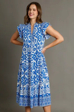Hazel Blues® | Umgee Two Tone Border Print Ruffle Cap Sleeve Midi Dress