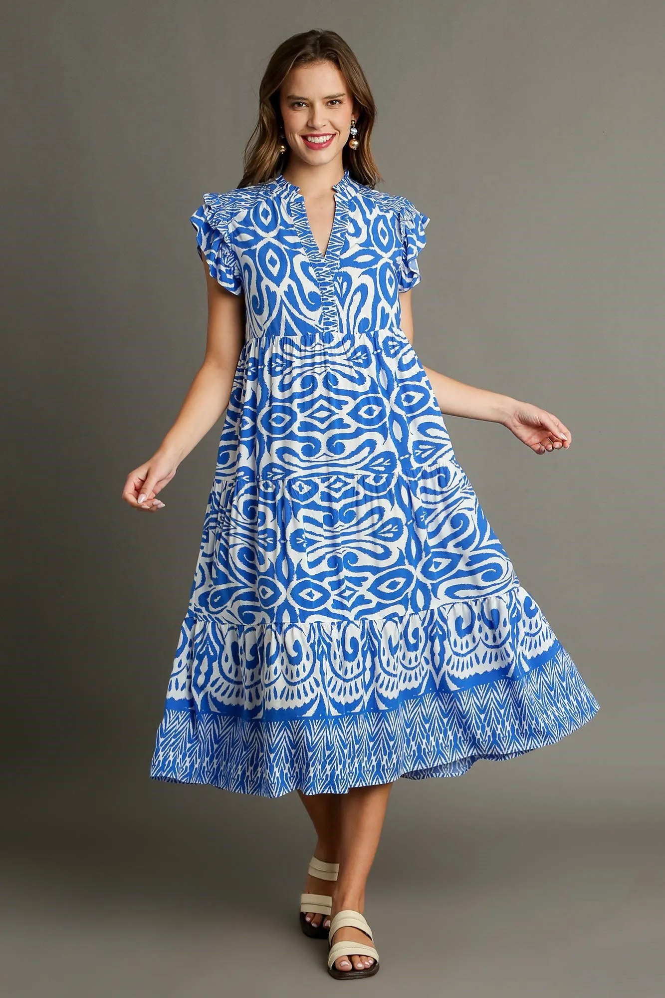 Hazel Blues® | Umgee Two Tone Border Print Ruffle Cap Sleeve Midi Dress