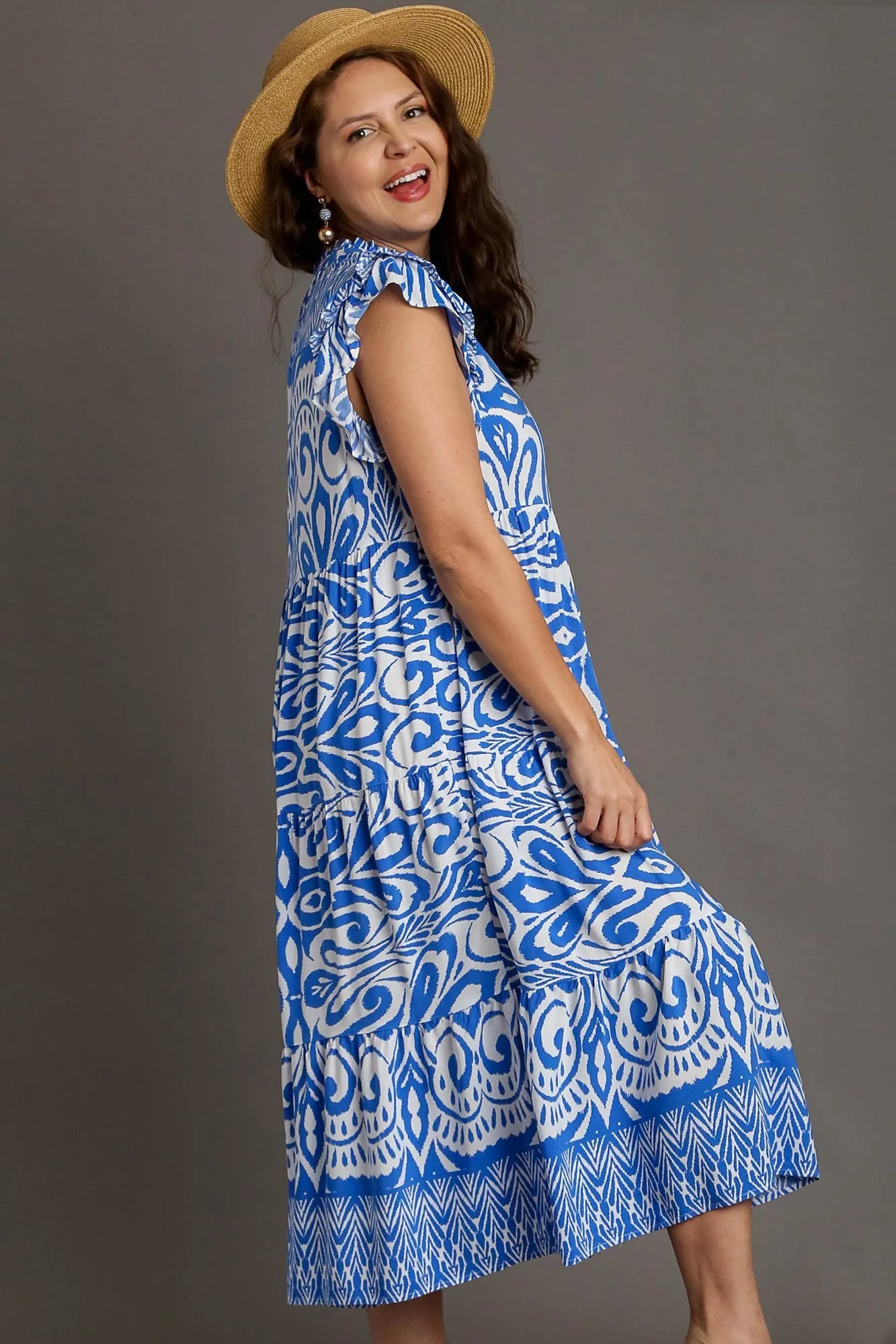 Hazel Blues® | Umgee Two Tone Border Print Ruffle Cap Sleeve Midi Dress
