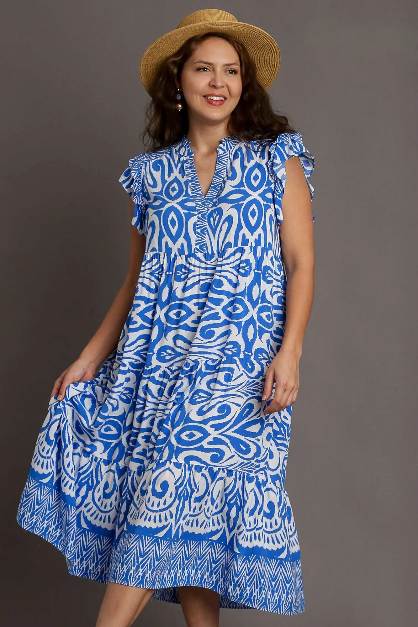 Hazel Blues® | Umgee Two Tone Border Print Ruffle Cap Sleeve Midi Dress