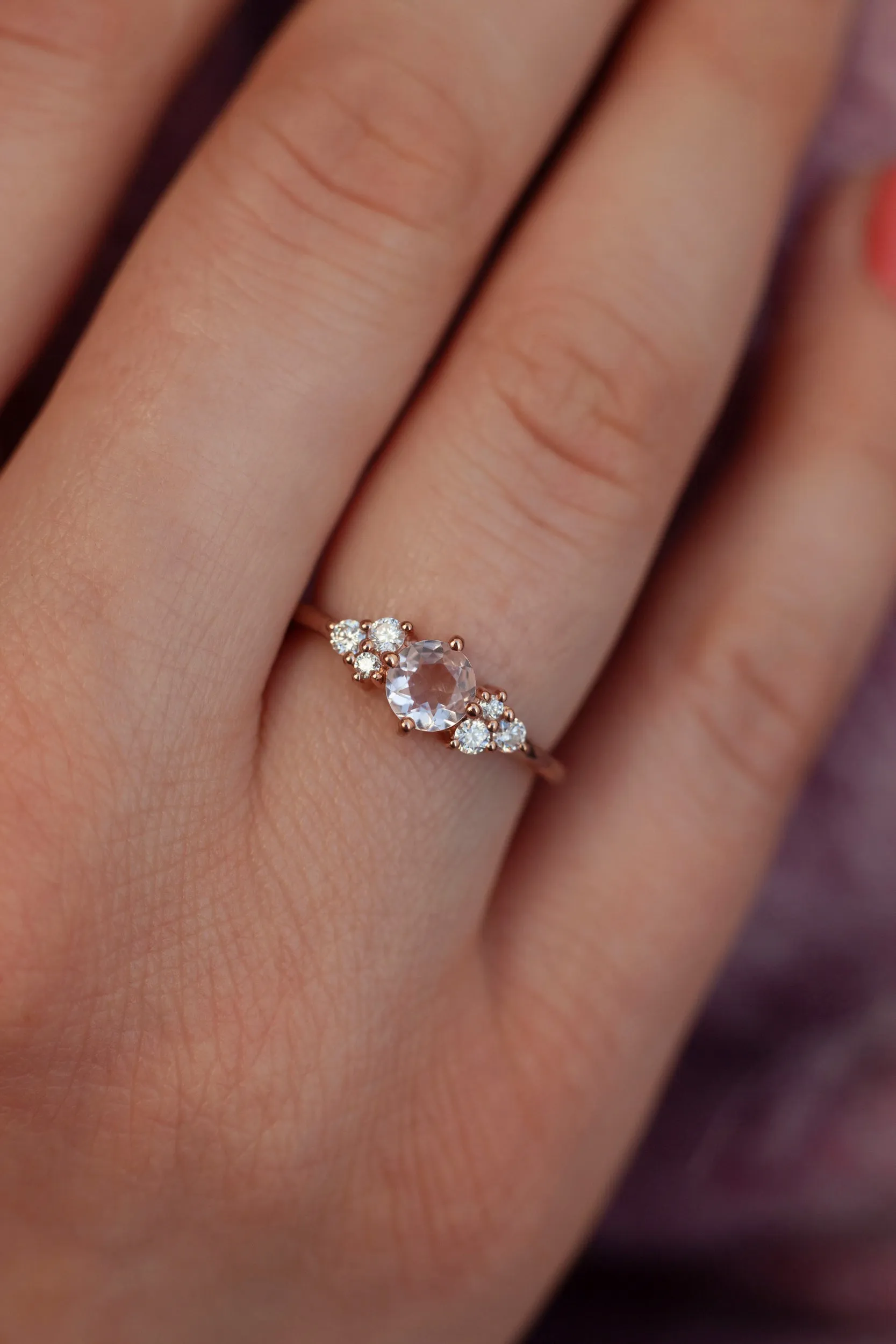 Irene Round Rose Quartz with Moissanite Ring