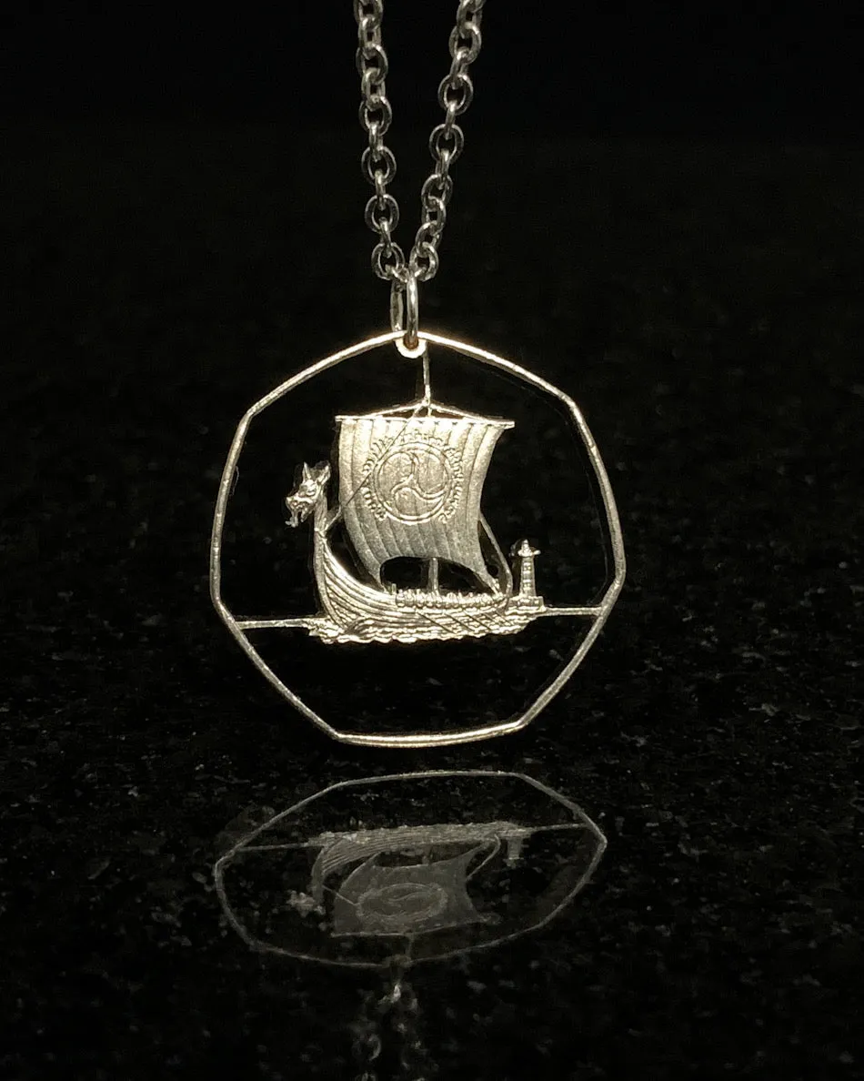 Isle of Man - Viking Ship Cut Coin Pendant