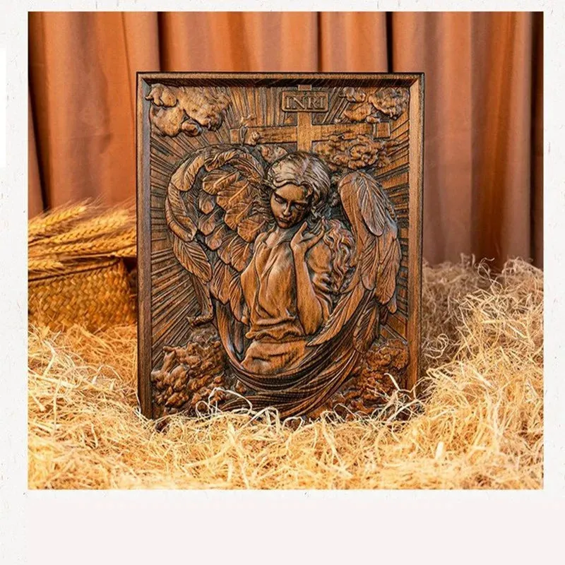 Jesus Cross Relic Archangel Relief Beech Wood Carving Home Decoration Religious Figures Church Souvenirs