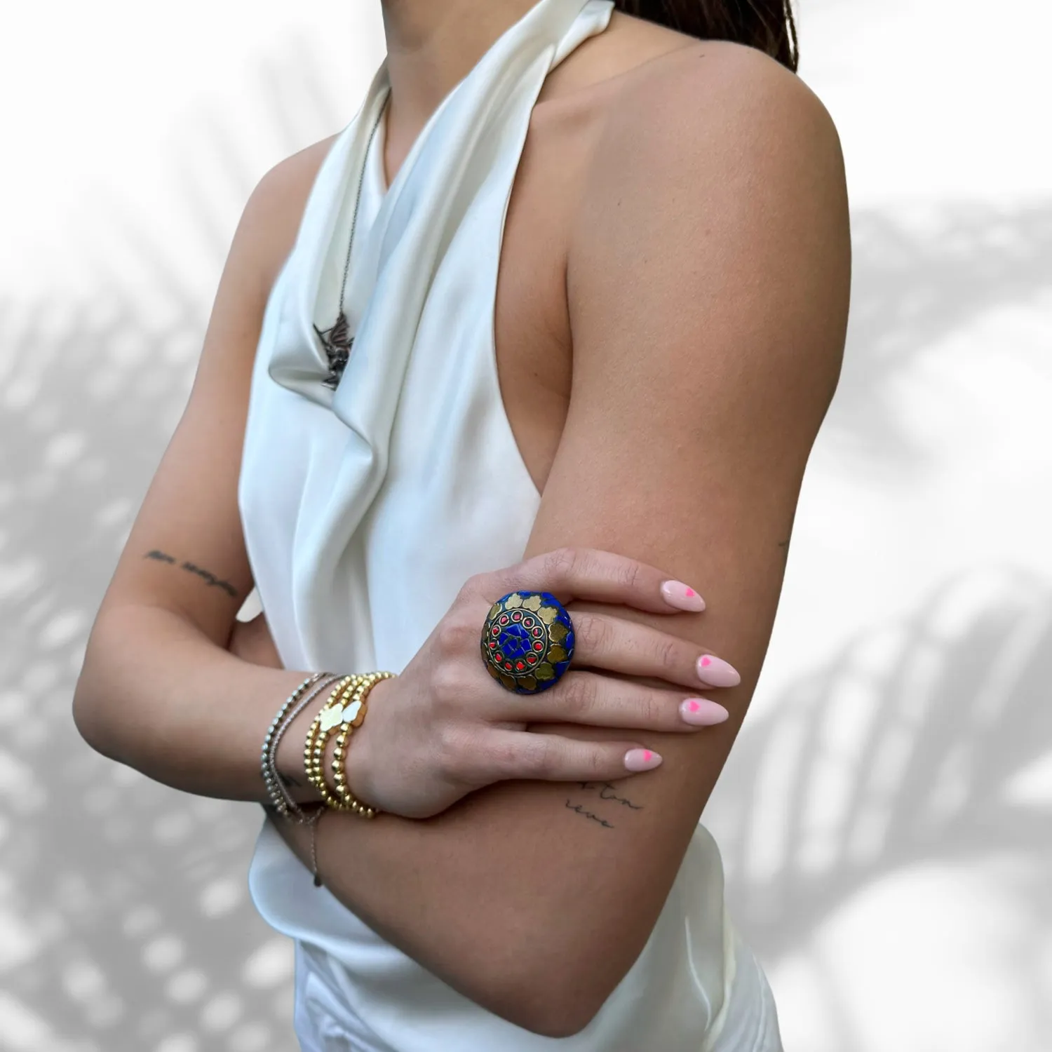 Lapis & Coral Gemstone Nepal Chunky Ring