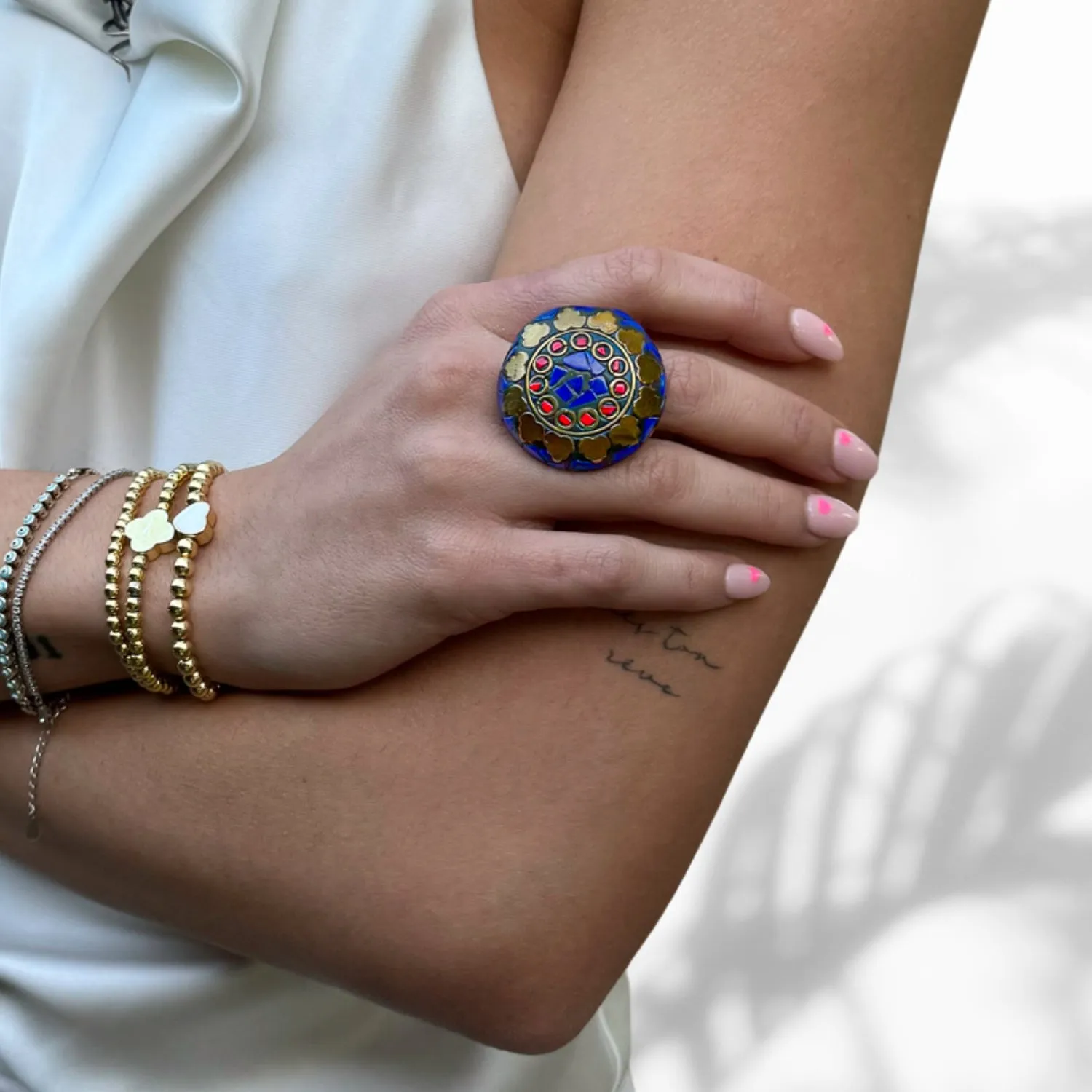 Lapis & Coral Gemstone Nepal Chunky Ring