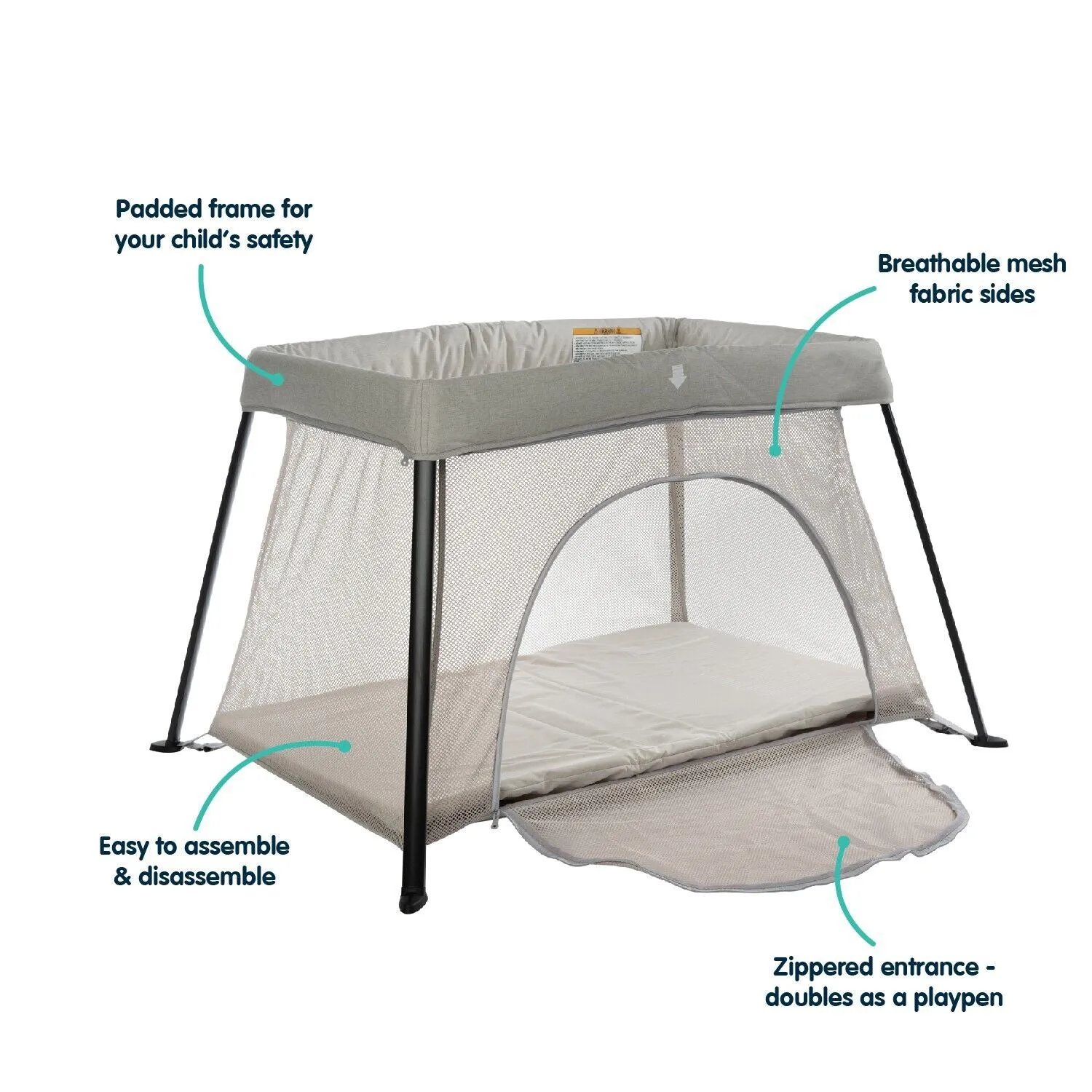 Lightweight Folding Playpen & Travel Cot with Mattress & Carry Bag | Light Grey