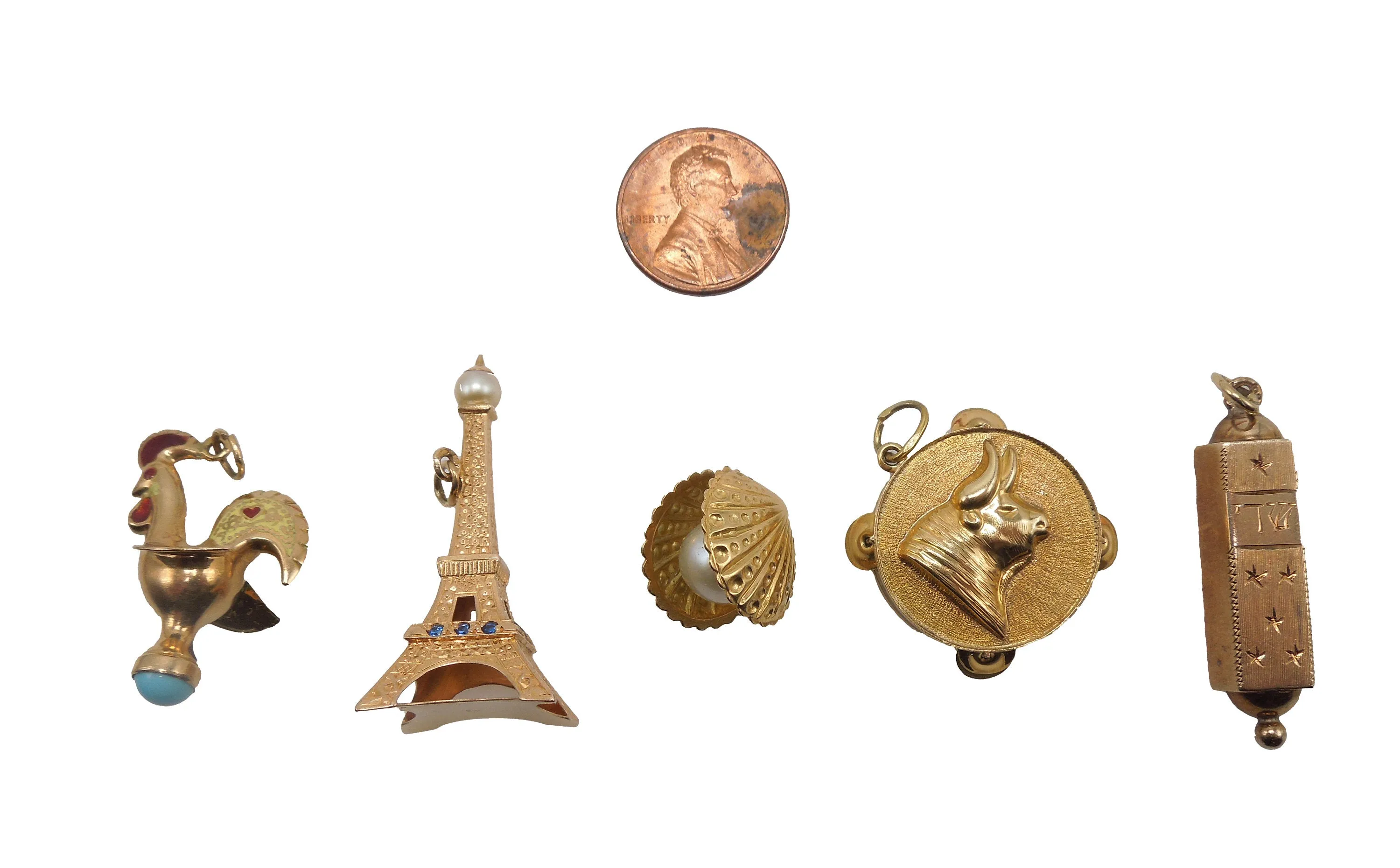 Lot of 5 14K Gold Charms for Charm Bracelet - Eiffel Tower, Mezuzah, Rooster, Tamborine, Oyster with Pearl