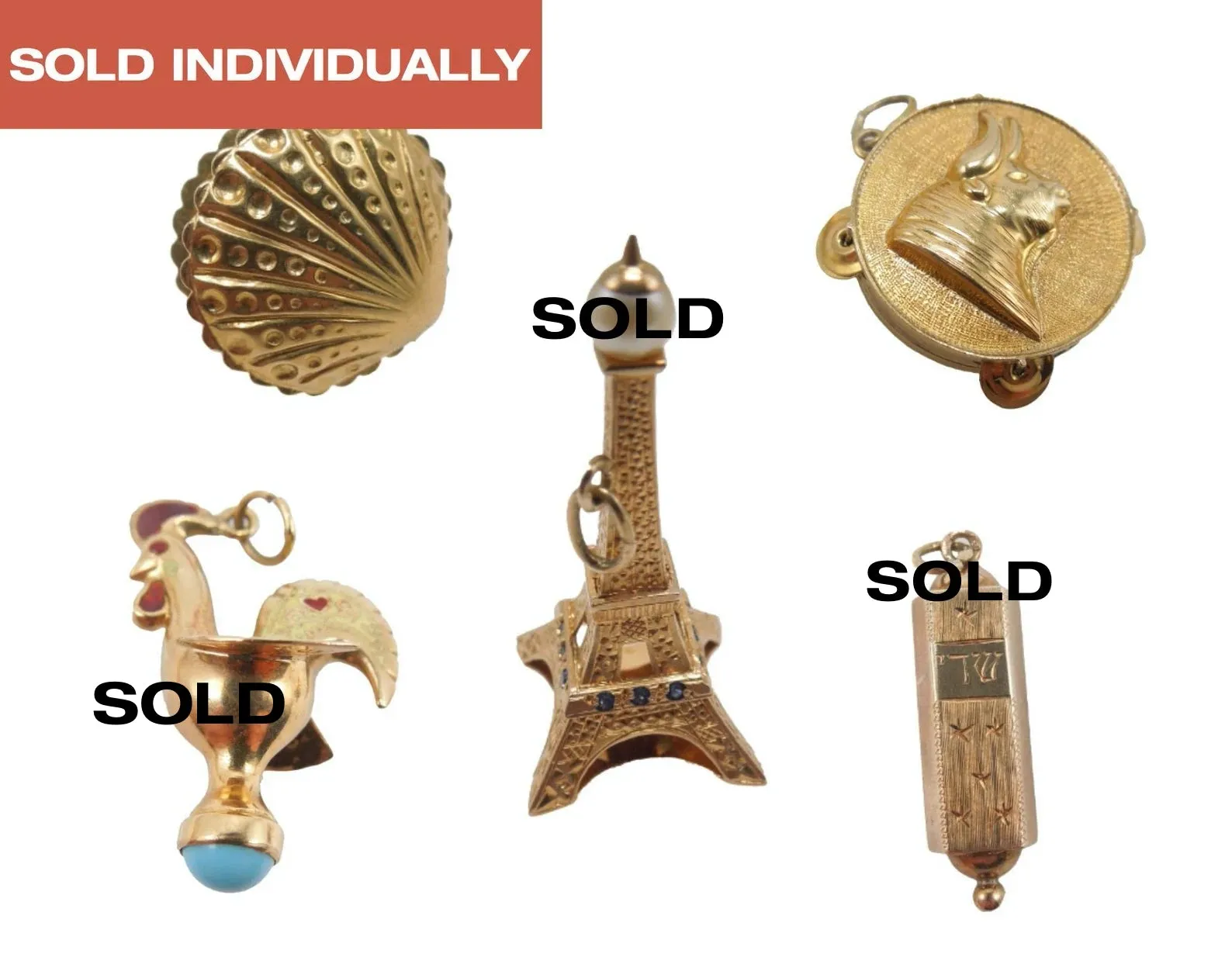 Lot of 5 14K Gold Charms for Charm Bracelet - Eiffel Tower, Mezuzah, Rooster, Tamborine, Oyster with Pearl