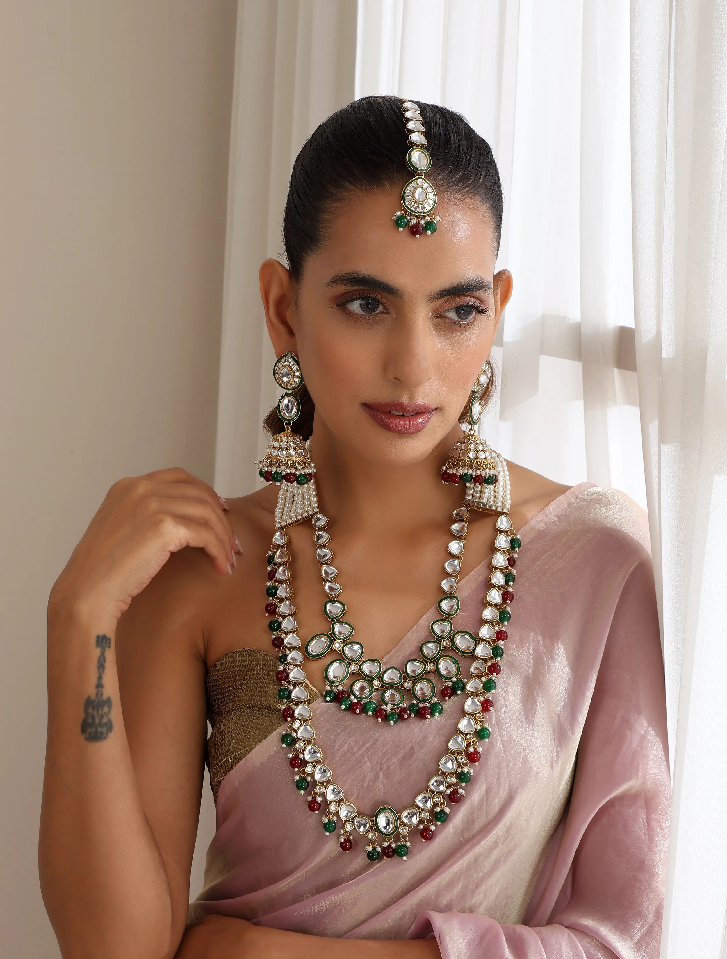 Maroon & Green Color Long Kundan Necklace, Earring and Maang Teeka Set