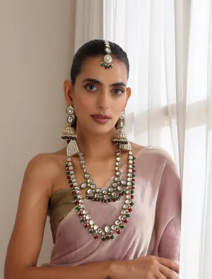 Maroon & Green Color Long Kundan Necklace, Earring and Maang Teeka Set