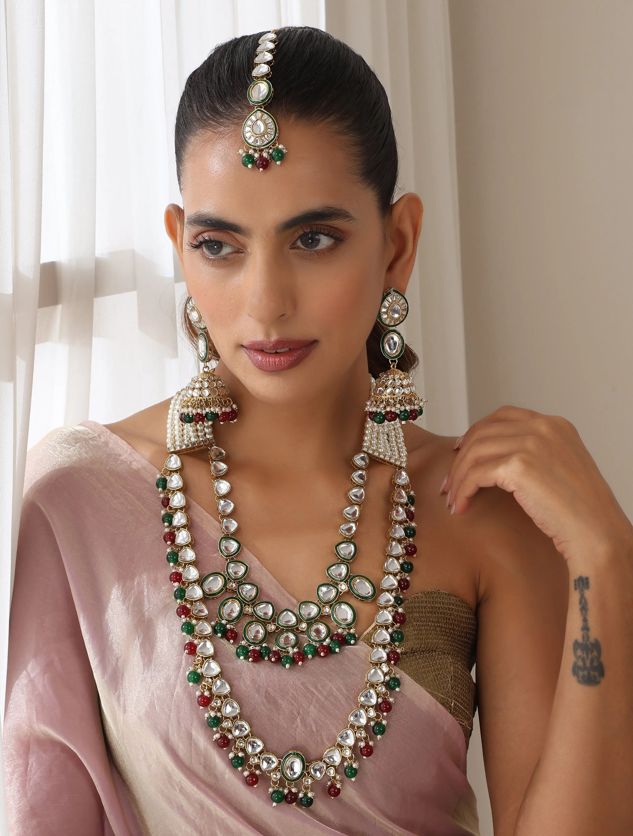 Maroon & Green Color Long Kundan Necklace, Earring and Maang Teeka Set