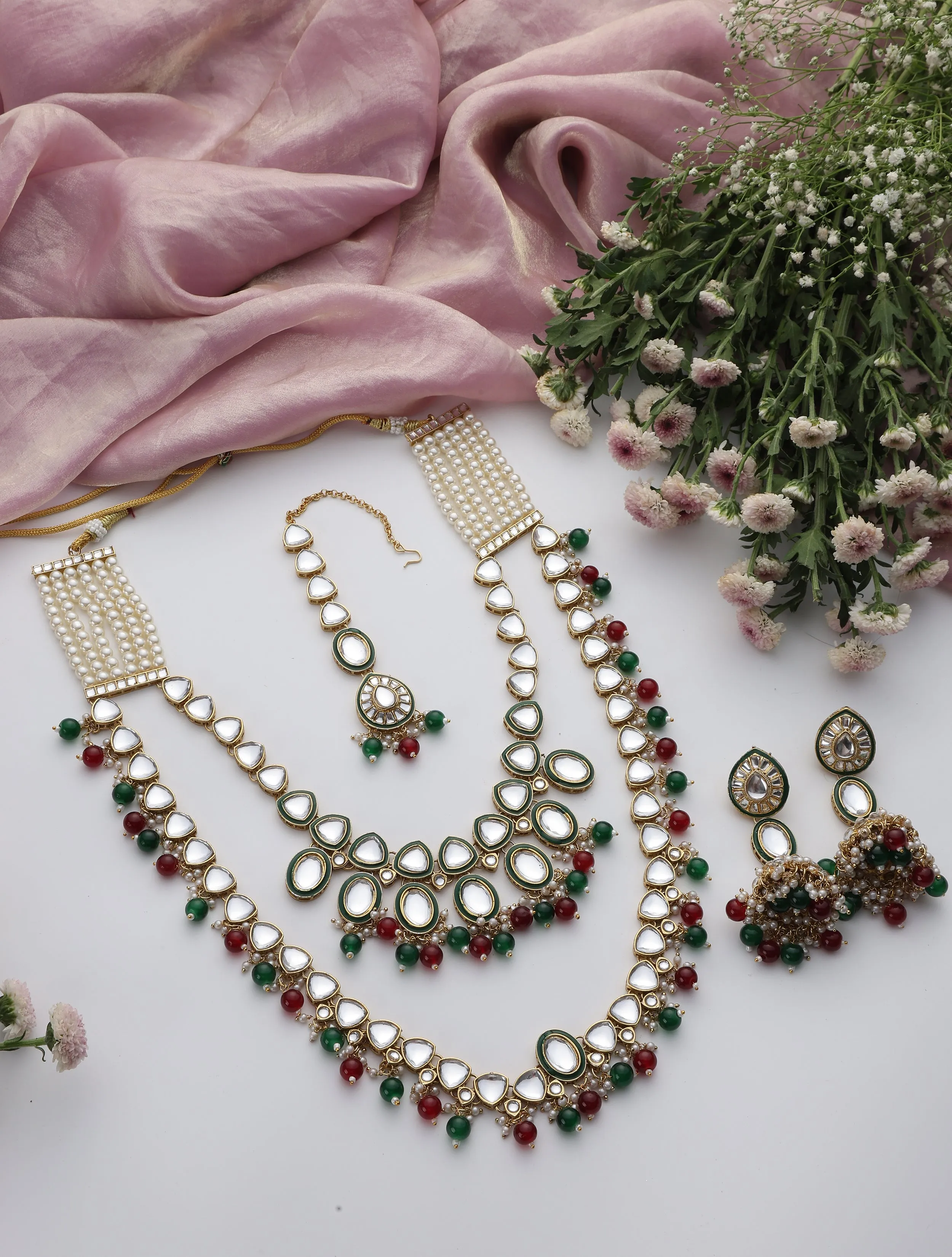 Maroon & Green Color Long Kundan Necklace, Earring and Maang Teeka Set