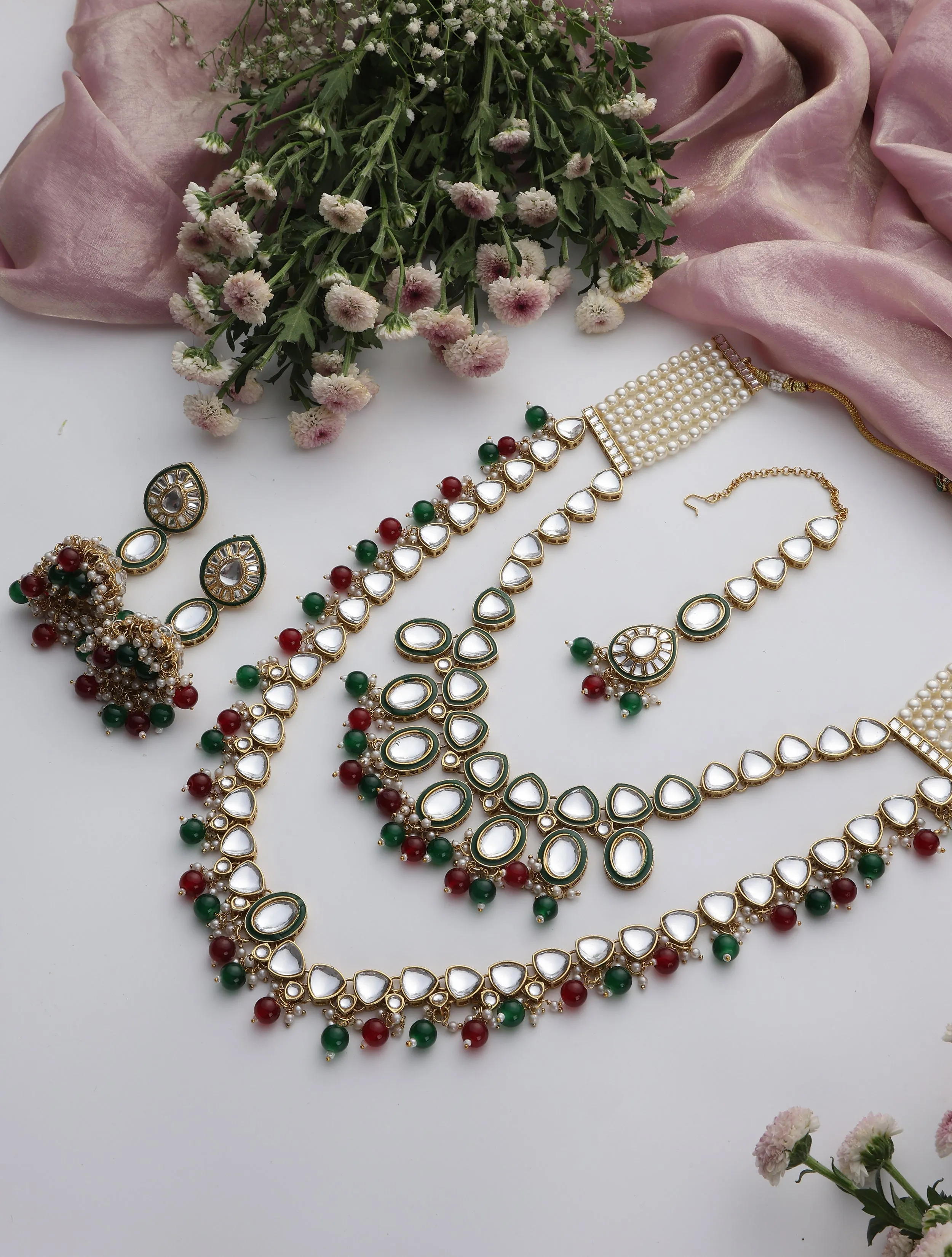 Maroon & Green Color Long Kundan Necklace, Earring and Maang Teeka Set
