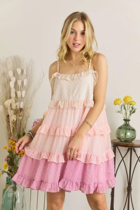 Mauve Swiss Dot Ruffled Tiered Mini Dress