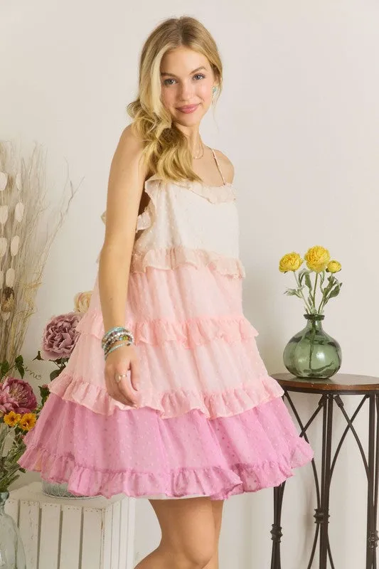 Mauve Swiss Dot Ruffled Tiered Mini Dress