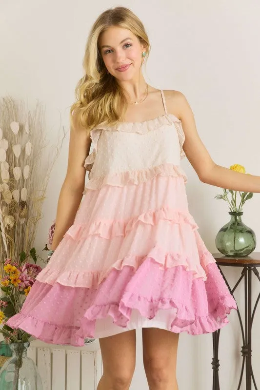 Mauve Swiss Dot Ruffled Tiered Mini Dress