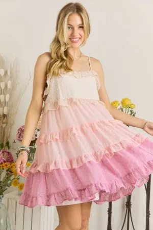 Mauve Swiss Dot Ruffled Tiered Mini Dress