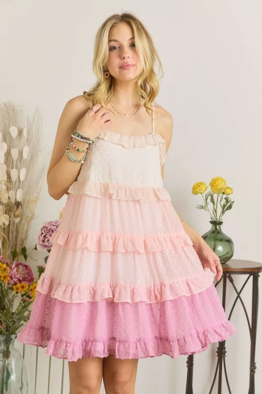 Mauve Swiss Dot Ruffled Tiered Mini Dress