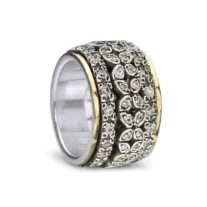Meditation Ring Destiny Sterling Silver and 10K Yellow Gold Plated CZ Floral Spinning Band