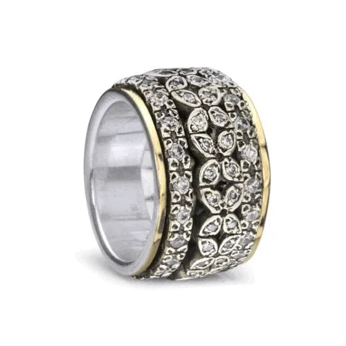 Meditation Ring Destiny Sterling Silver and 10K Yellow Gold Plated CZ Floral Spinning Band