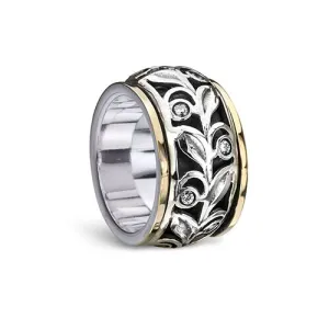 Meditation Ring Forever Sterling Silver and 10K Yellow Gold Plated CZ Leaf Design Spinning Band