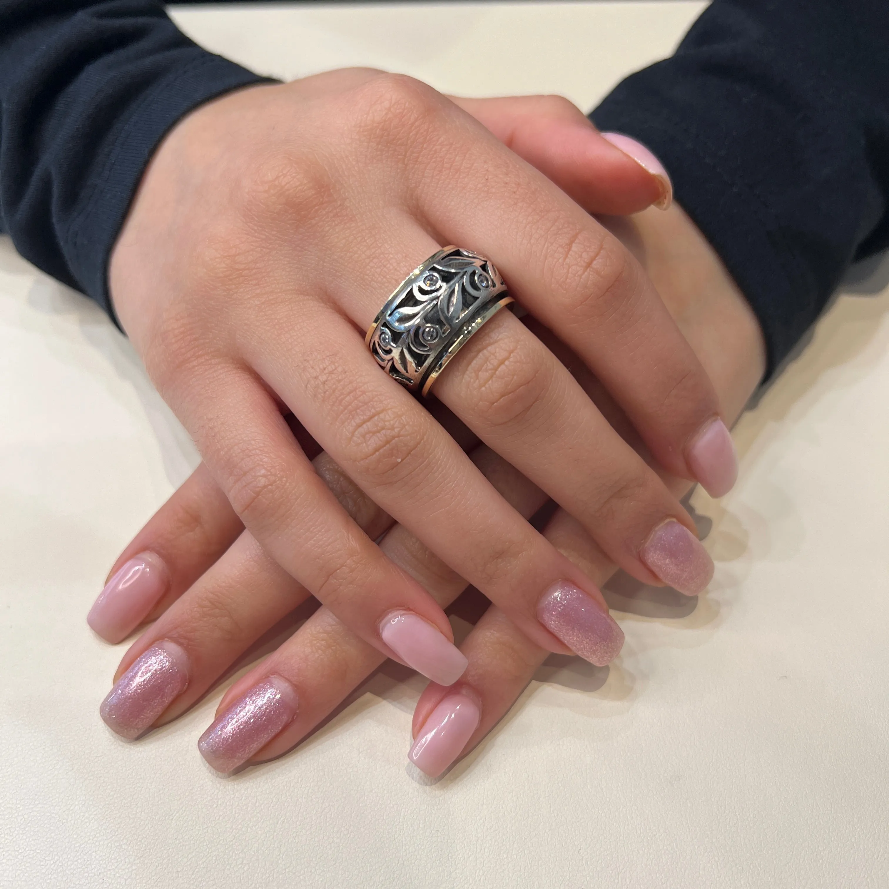 Meditation Ring Forever Sterling Silver and 10K Yellow Gold Plated CZ Leaf Design Spinning Band