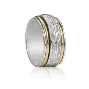 Meditation Ring Joy Sterling Silver and 10K Yellow Gold Plated Leaf Pattern Spinning Band