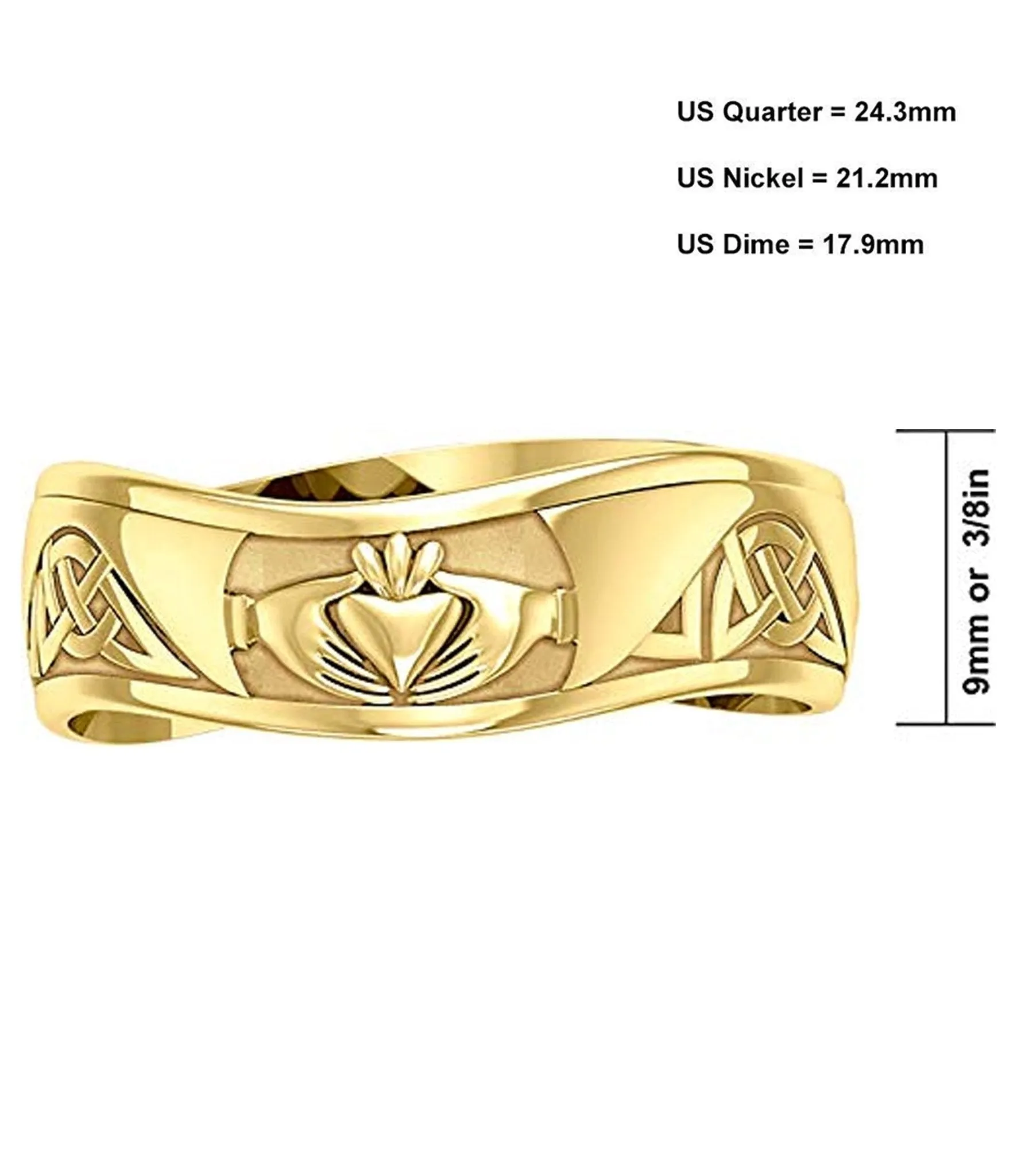 Men's 10k or 14k Yellow or White Gold Modern Irish Celtic Claddagh & Knot Ring Band