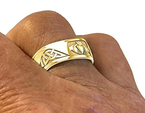 Men's 10k or 14k Yellow or White Gold Modern Irish Celtic Claddagh & Knot Ring Band