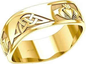 Men's 10k or 14k Yellow or White Gold Modern Irish Celtic Claddagh & Knot Ring Band