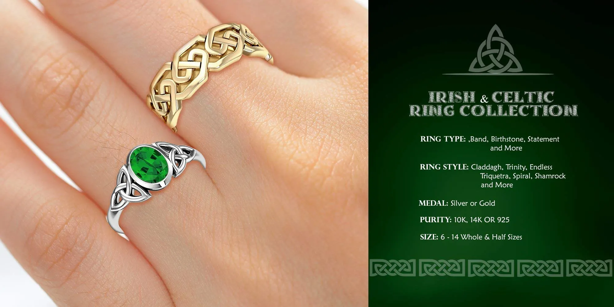 Men's 10k or 14k Yellow or White Gold Modern Irish Celtic Claddagh & Knot Ring Band