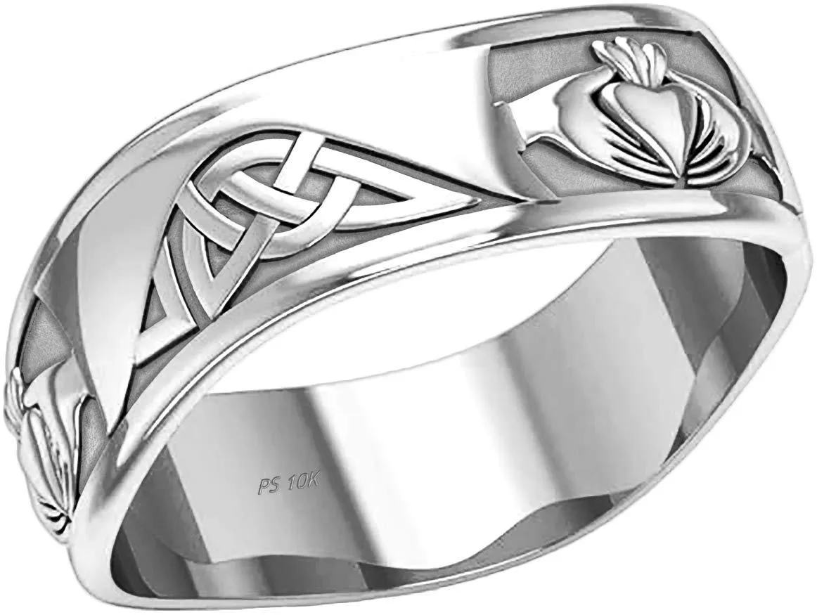 Men's 10k or 14k Yellow or White Gold Modern Irish Celtic Claddagh & Knot Ring Band