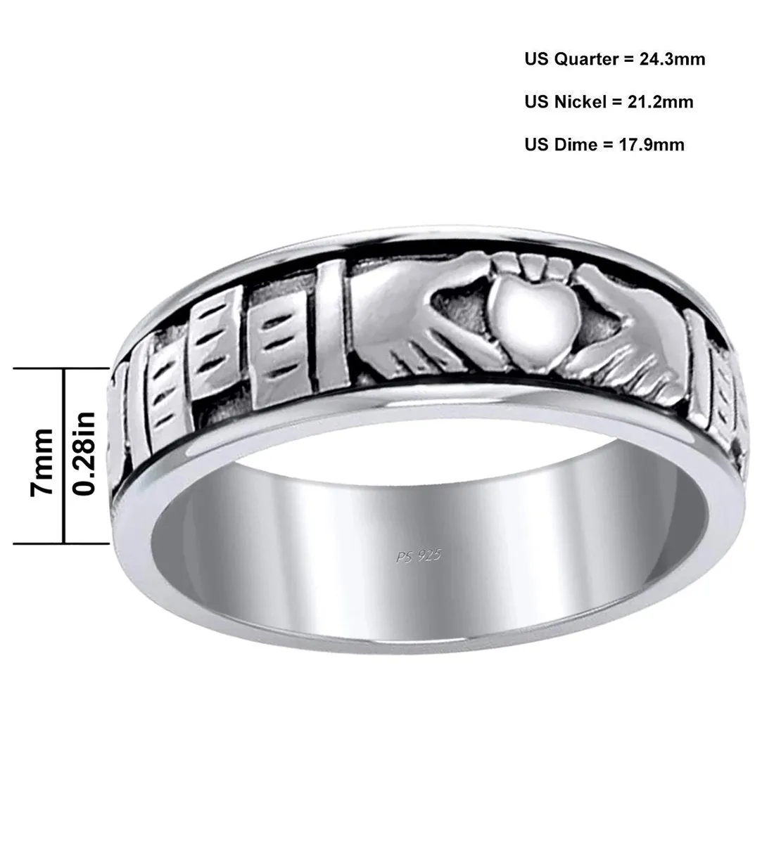 Men's 925 Sterling Silver Irish Celtic Claddagh Spinner Ring Band