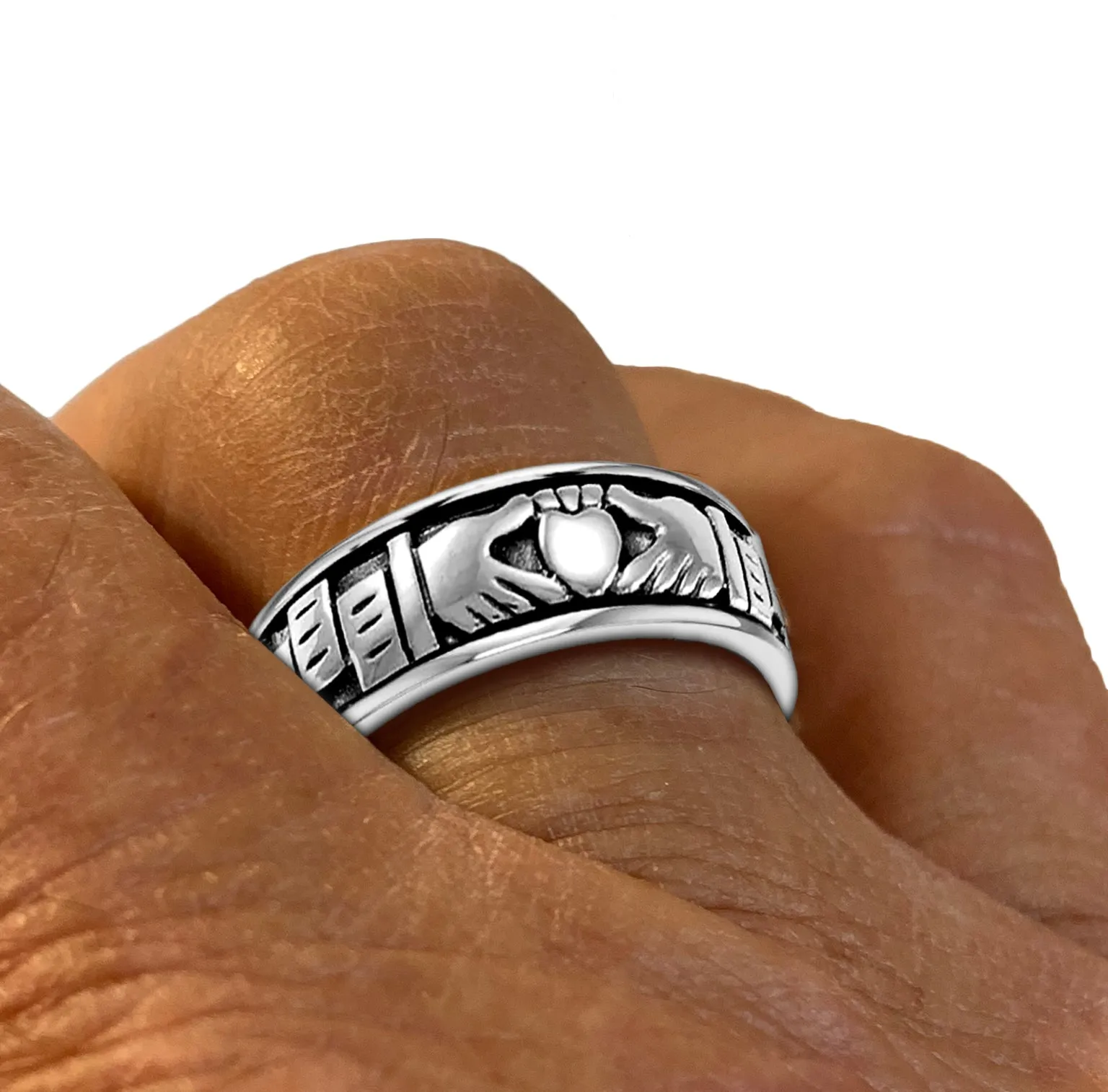 Men's 925 Sterling Silver Irish Celtic Claddagh Spinner Ring Band