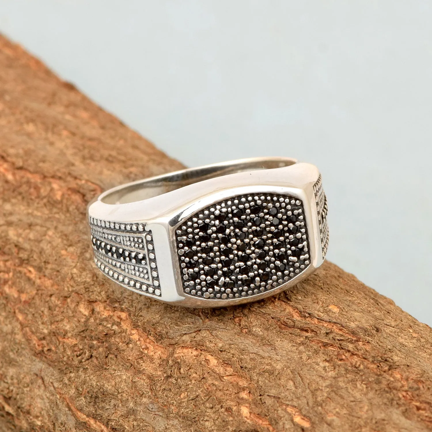 Men's Black Spinel Solid 925 Sterling Silver Signet Ring