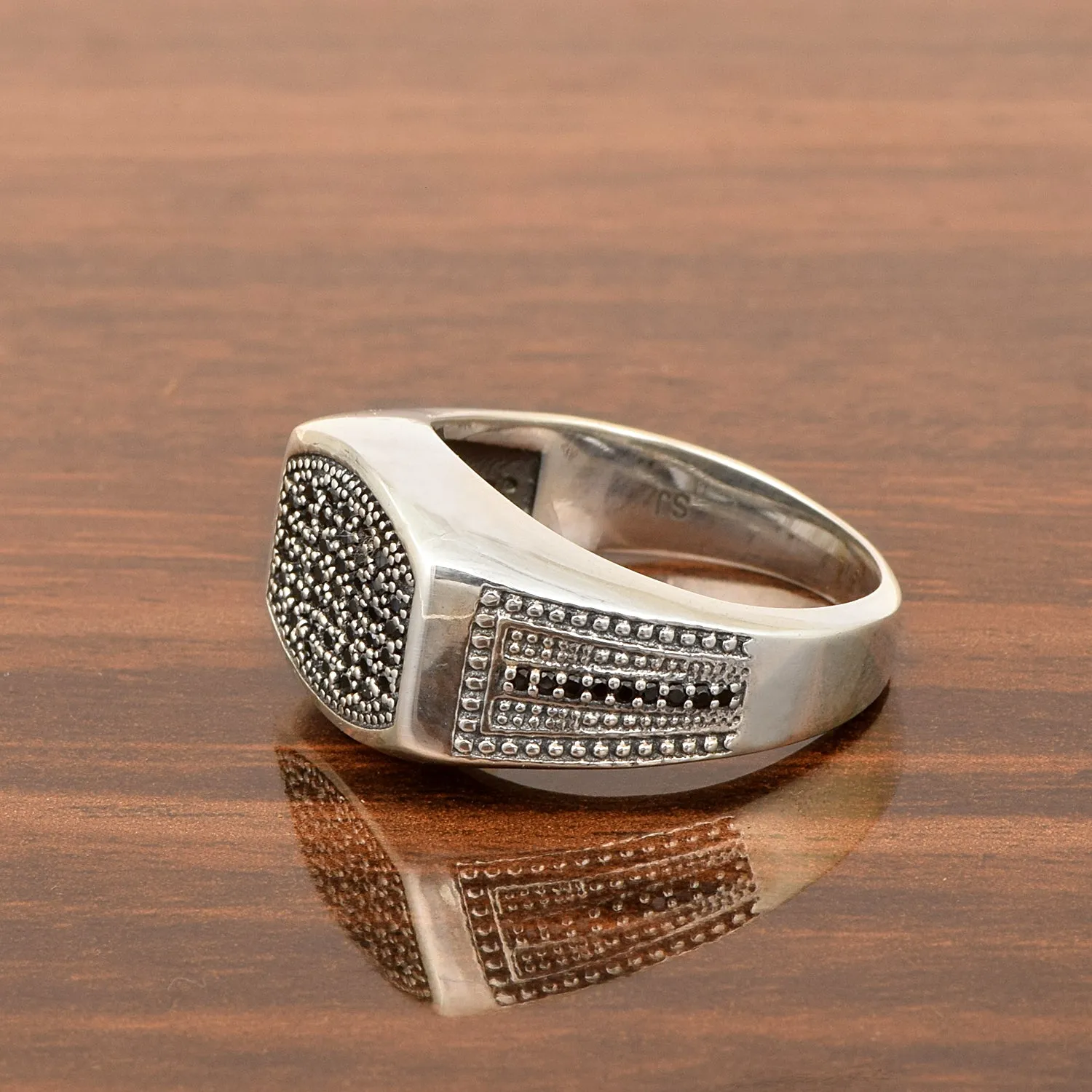 Men's Black Spinel Solid 925 Sterling Silver Signet Ring