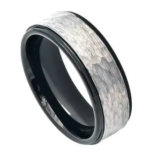 Mens Carbide Tungsten Wedding Ring Two-Tone Hammered Gun Metal Brush Finish & Black IP Inner Ring Stepped Edge - 8mm